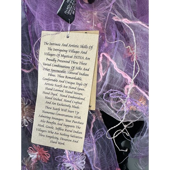 Fleurs Silk Hand Loomed Hand Dyed Artisan Floral Embroidered Sheer Scarf NEW - Picture 6 of 6
